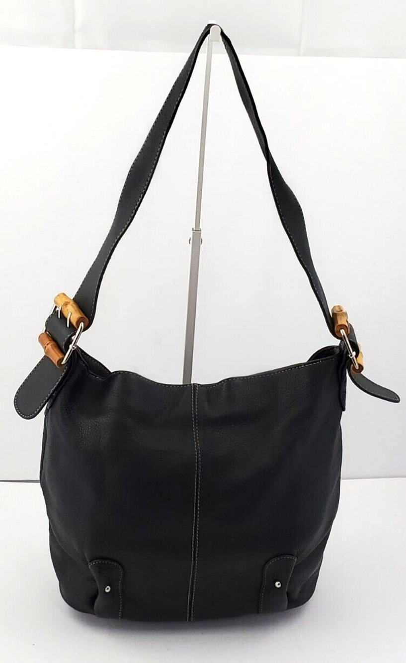 STONE MOUNTAIN Used Black Pebbled Leather Shoulder Bucket Bag Wood Buckles